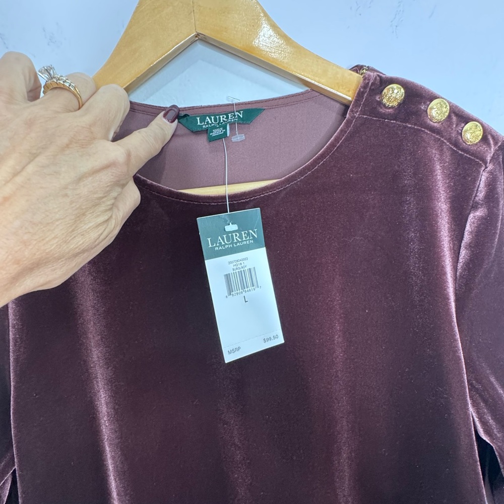 Lauren Ralph Lauren Burgundy Gold Button Stretch Velvet Tunic Top NWT Large - Picture 5 of 5